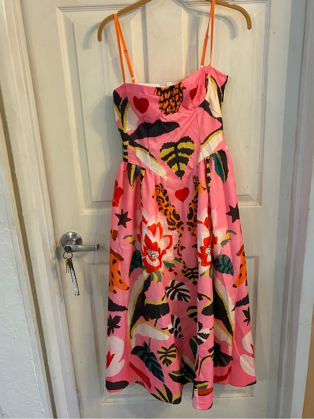 Floral Midi Tea Party Dress with Pockets Smocked Back, Spaghetti Straps, Size S